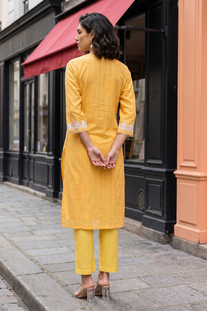 Yellow Embroidered Pure Cotton Straight Kurta