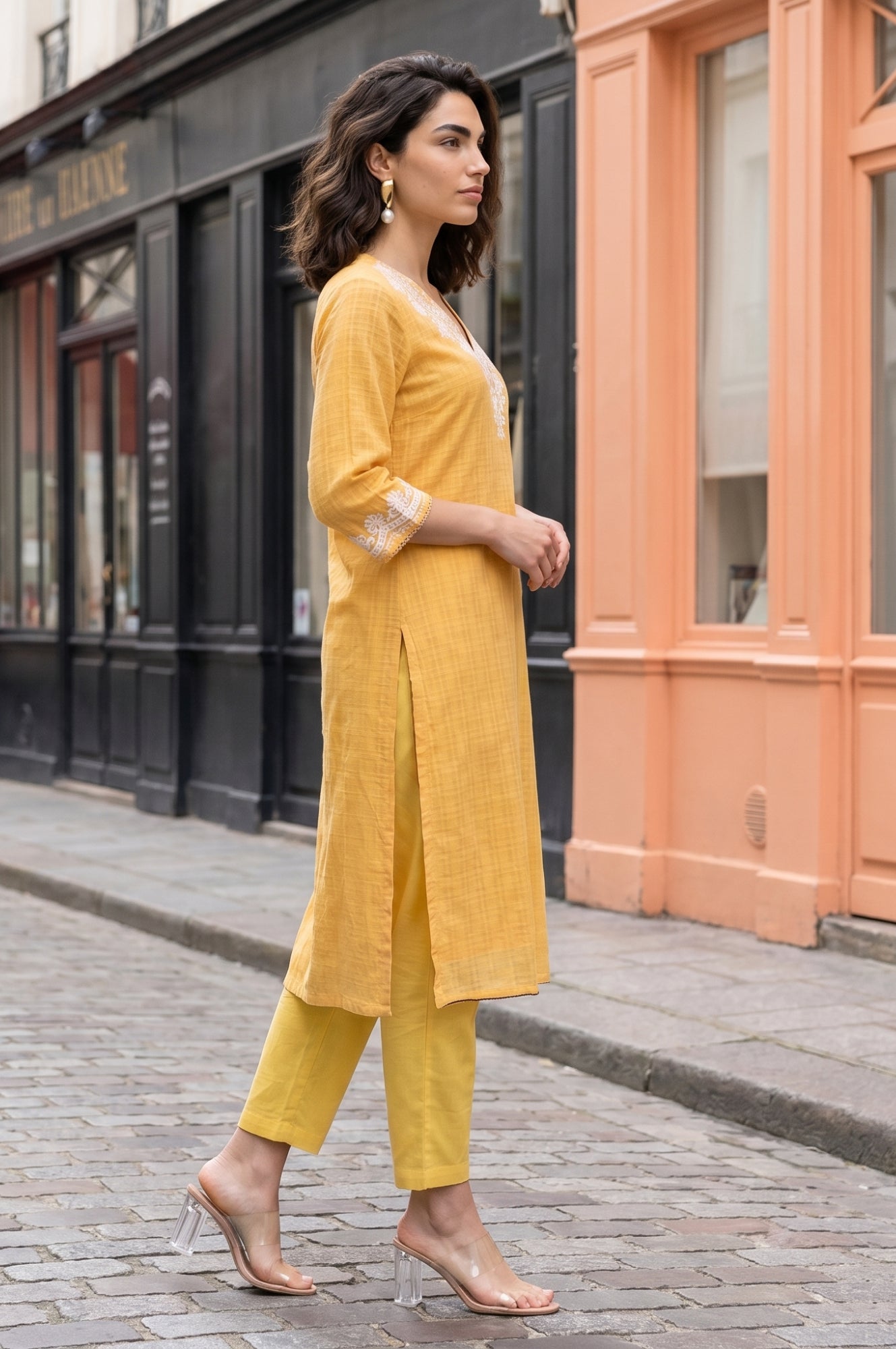 Yellow Embroidered Pure Cotton Straight Kurta