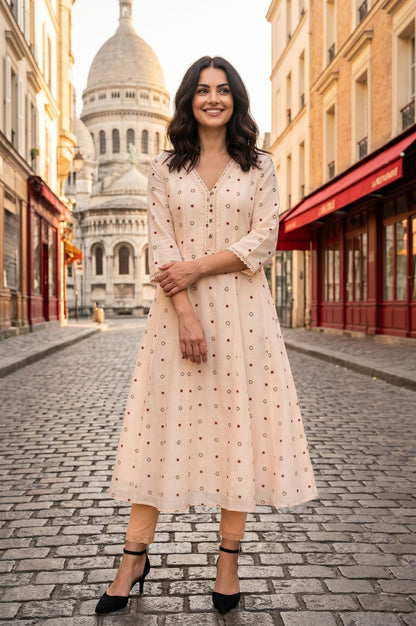 Cream Geometric Printed Chanderi Flared Kurta With Lace