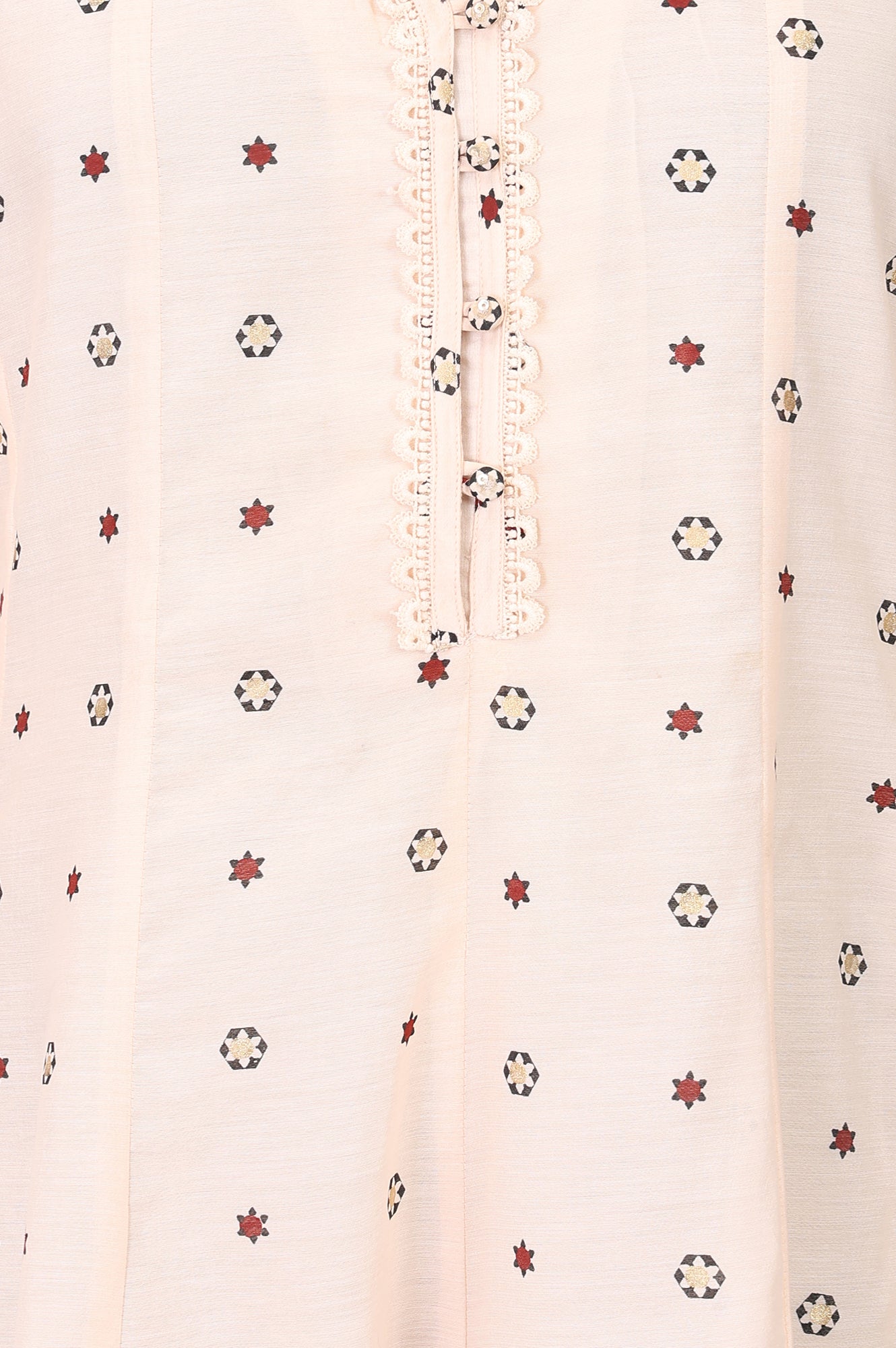 Cream Geometric Printed Chanderi Flared Kurta With Lace