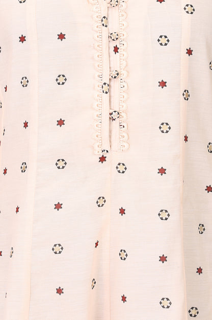 Cream Geometric Printed Chanderi Flared Kurta With Lace