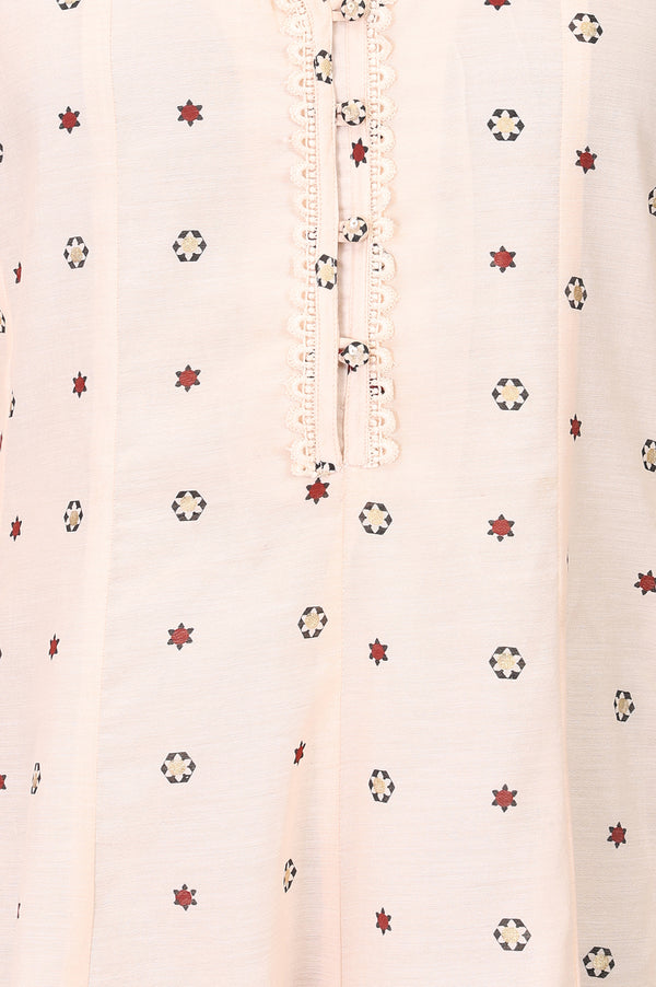 Cream Geometric Printed Chanderi Flared Kurta With Lace