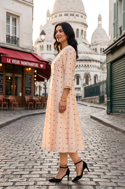 Cream Geometric Printed Chanderi Flared Kurta With Lace
