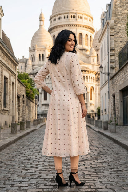 Cream Geometric Printed Chanderi Flared Kurta With Lace