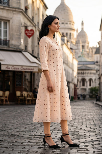 Cream Geometric Printed Chanderi Flared Kurta With Lace