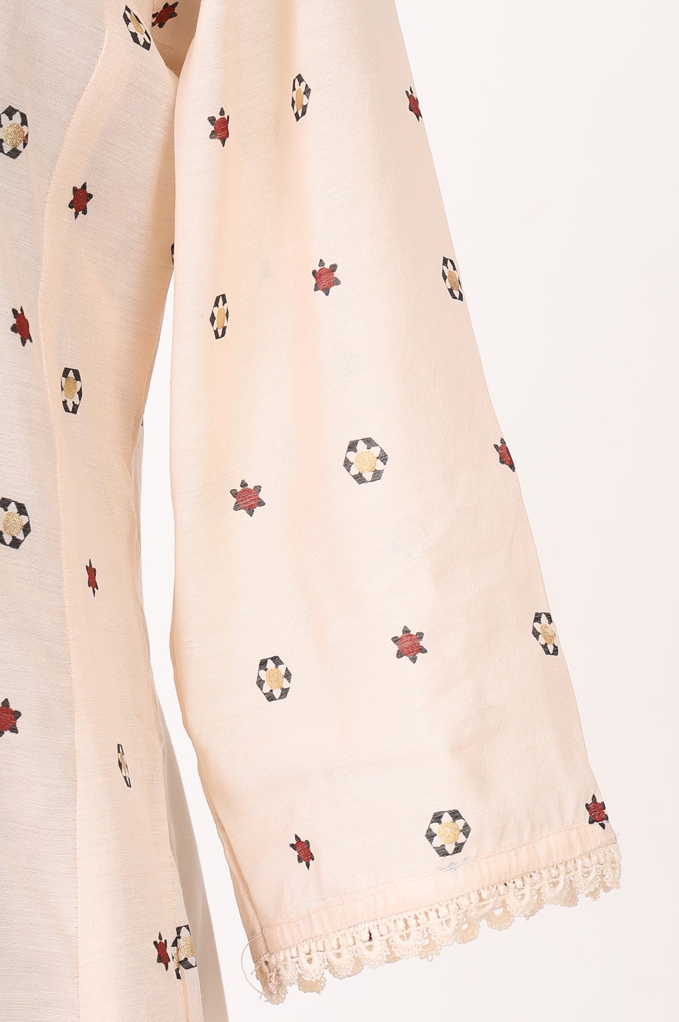 Cream Geometric Printed Chanderi Flared Kurta With Lace