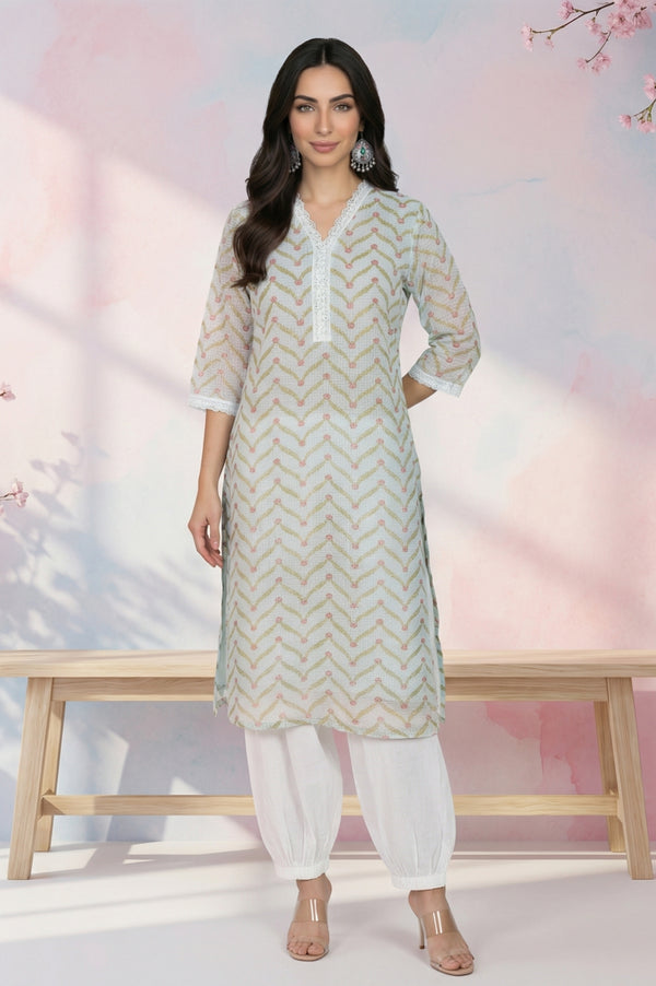 Mint Green Chevron Printed Kota Straight Kurta