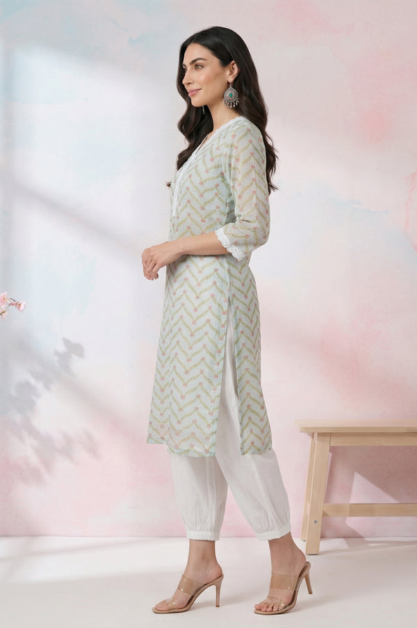 Mint Green Chevron Printed Kota Straight Kurta