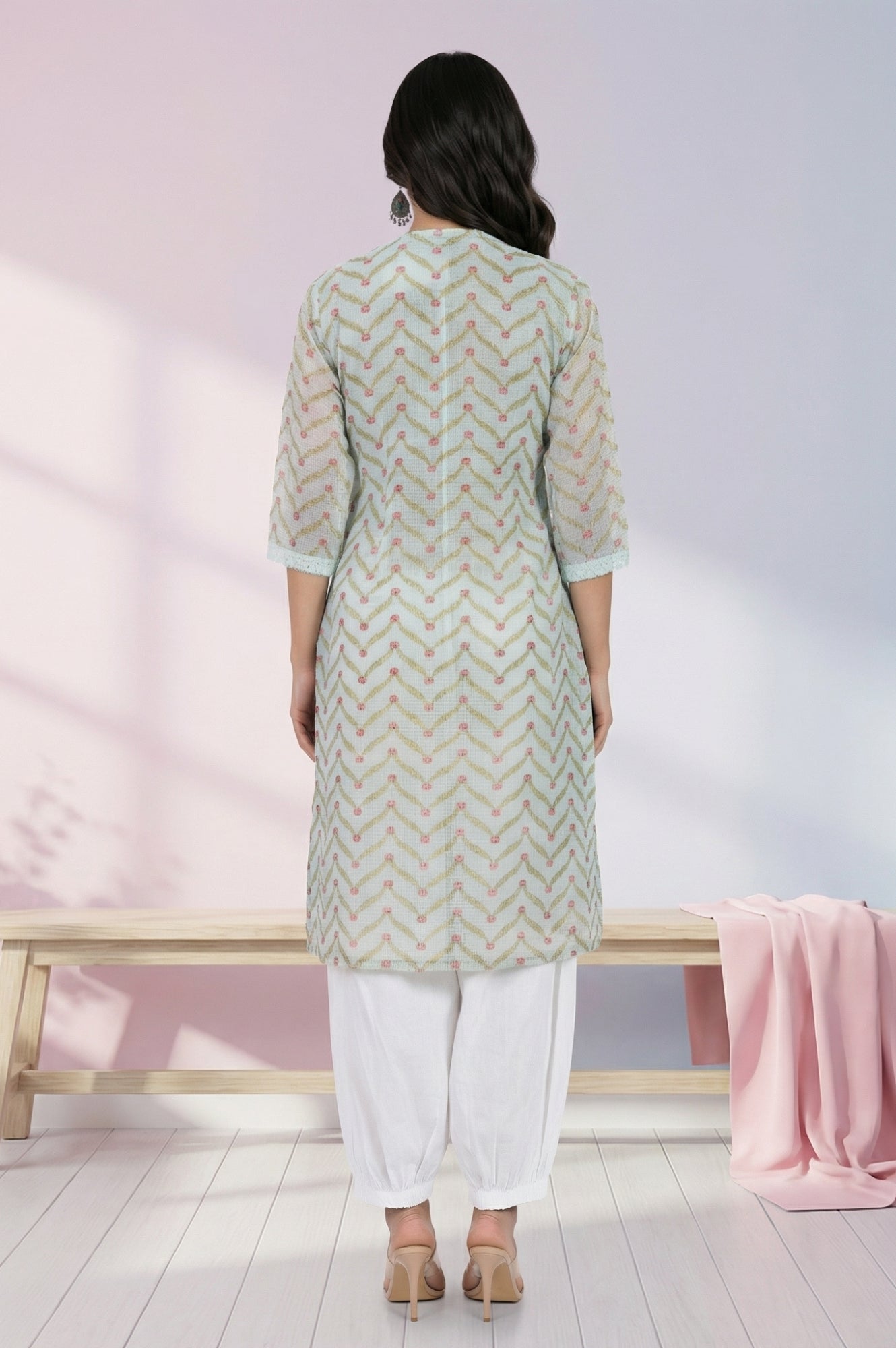 Mint Green Chevron Printed Kota Straight Kurta