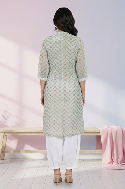 Mint Green Chevron Printed Kota Straight Kurta