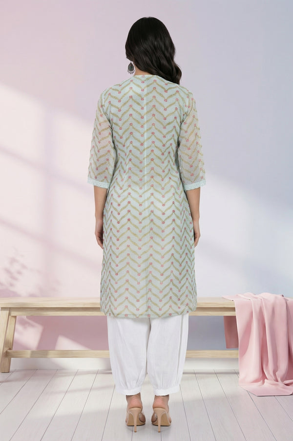 Mint Green Chevron Printed Kota Straight Kurta