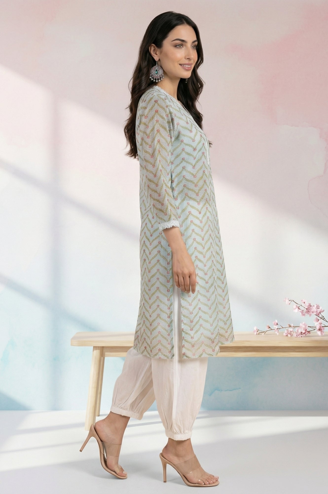 Mint Green Chevron Printed Kota Straight Kurta