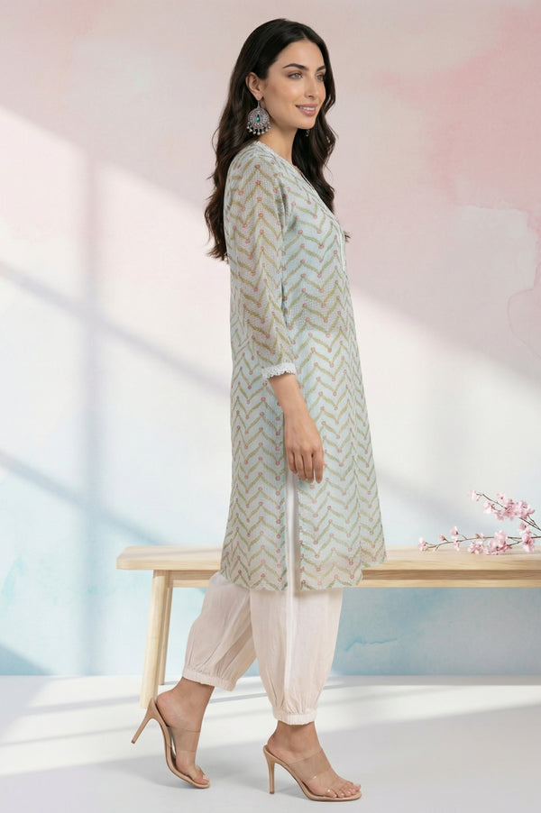 Mint Green Chevron Printed Kota Straight Kurta