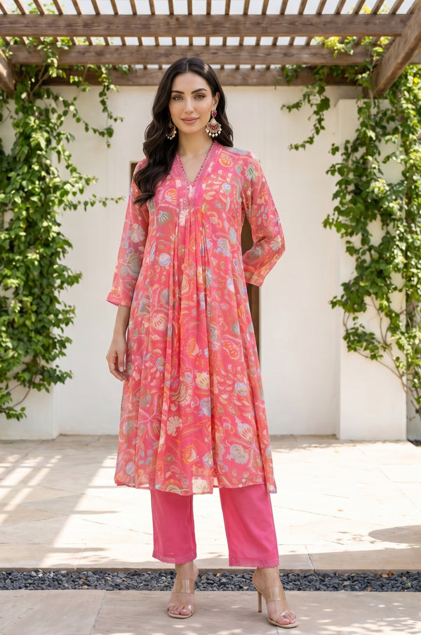 Pink Floral Printed Chiffon Flared Kurta