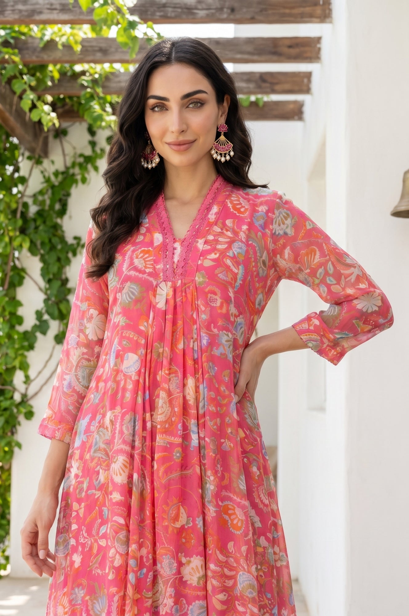 Pink Floral Printed Chiffon Flared Kurta