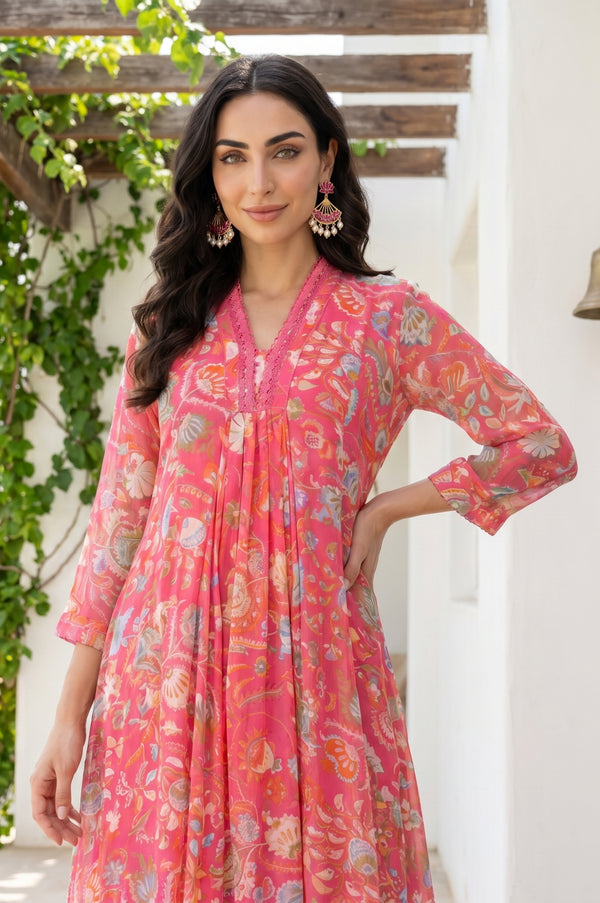 Pink Floral Printed Chiffon Flared Kurta