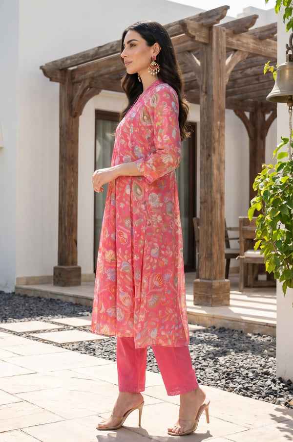 Pink Floral Printed Chiffon Flared Kurta