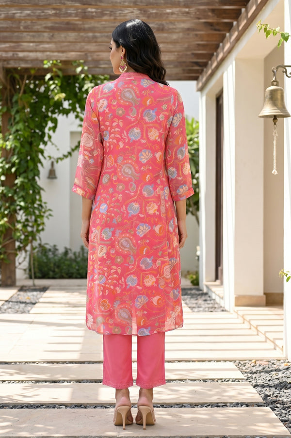 Pink Floral Printed Chiffon Flared Kurta