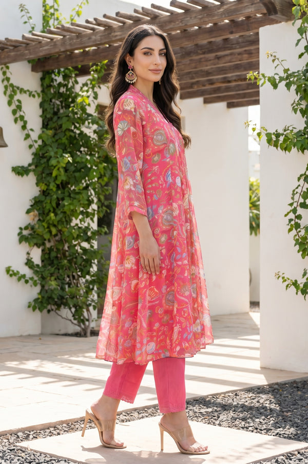 Pink Floral Printed Chiffon Flared Kurta
