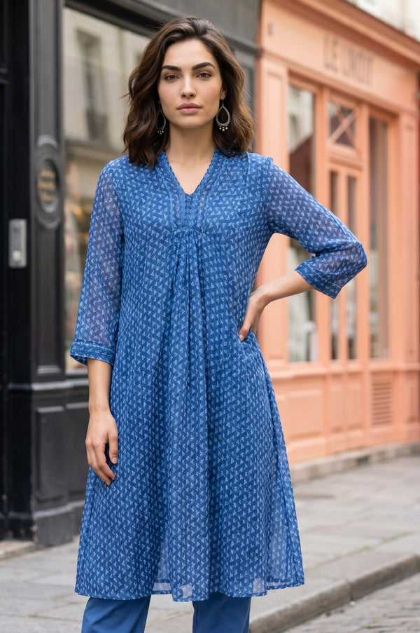 Blue Geometric Printed Chiffon Flared Kurta