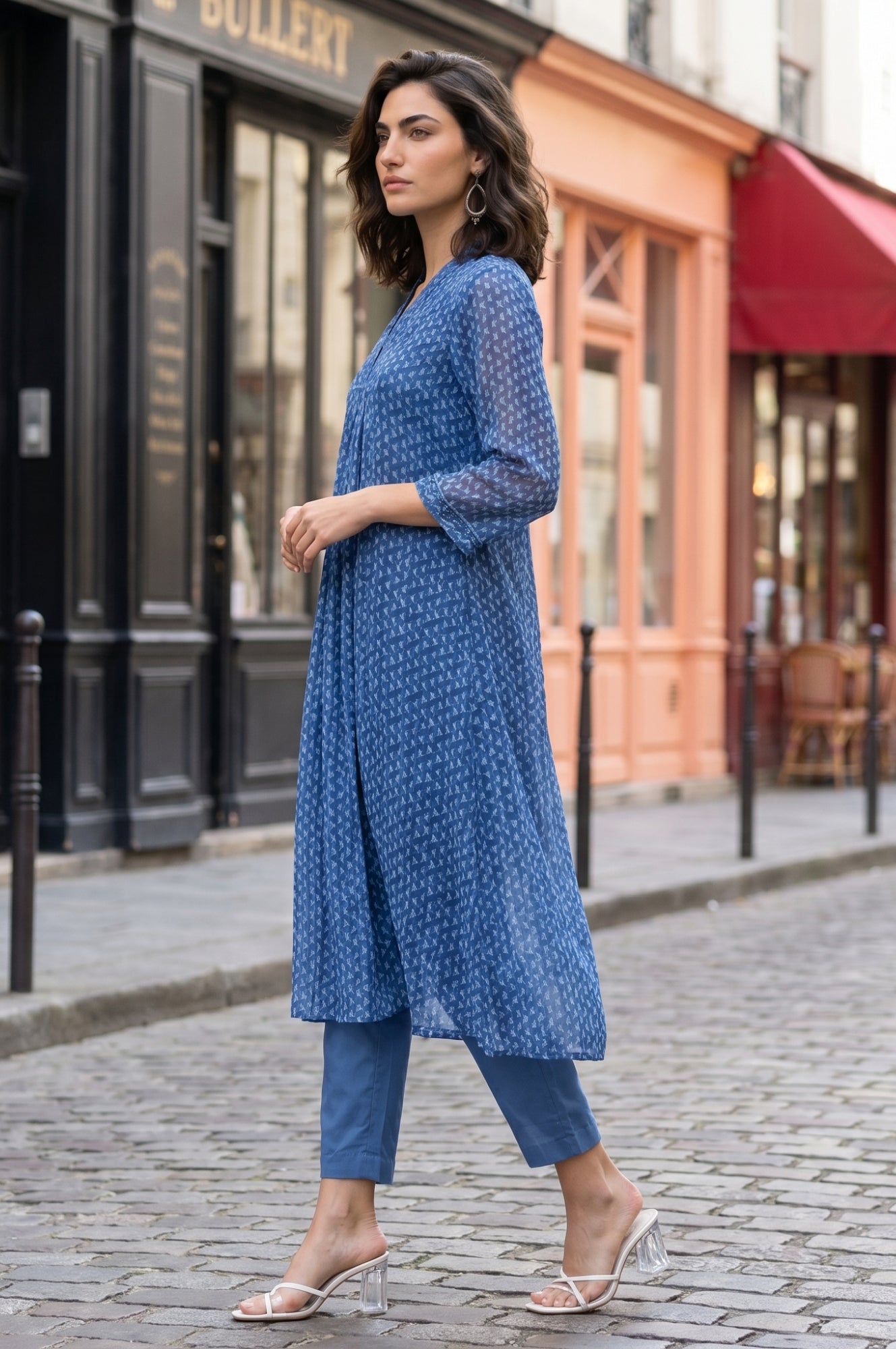 Blue Geometric Printed Chiffon Flared Kurta