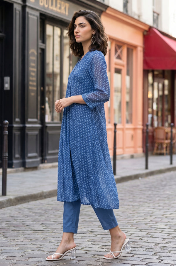 Blue Geometric Printed Chiffon Flared Kurta