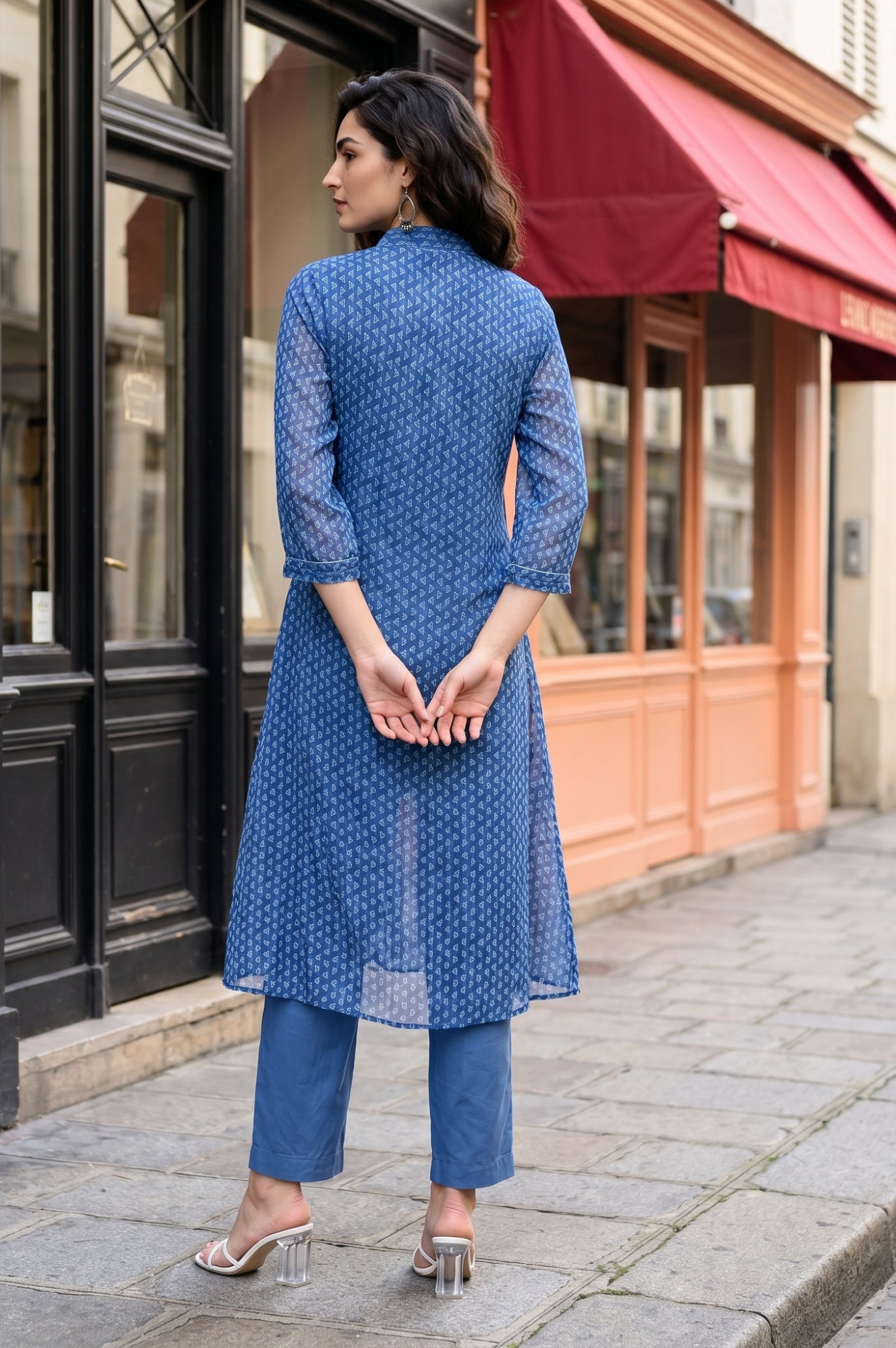 Blue Geometric Printed Chiffon Flared Kurta