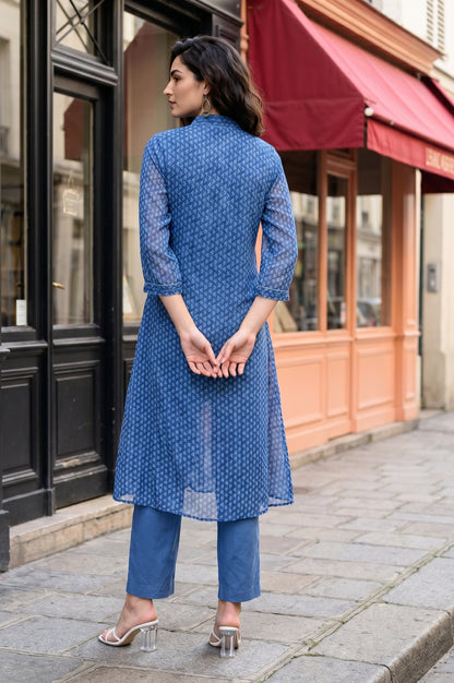 Blue Geometric Printed Chiffon Flared Kurta