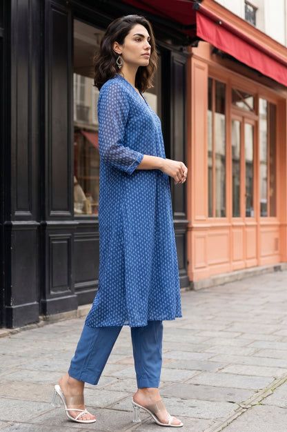 Blue Geometric Printed Chiffon Flared Kurta