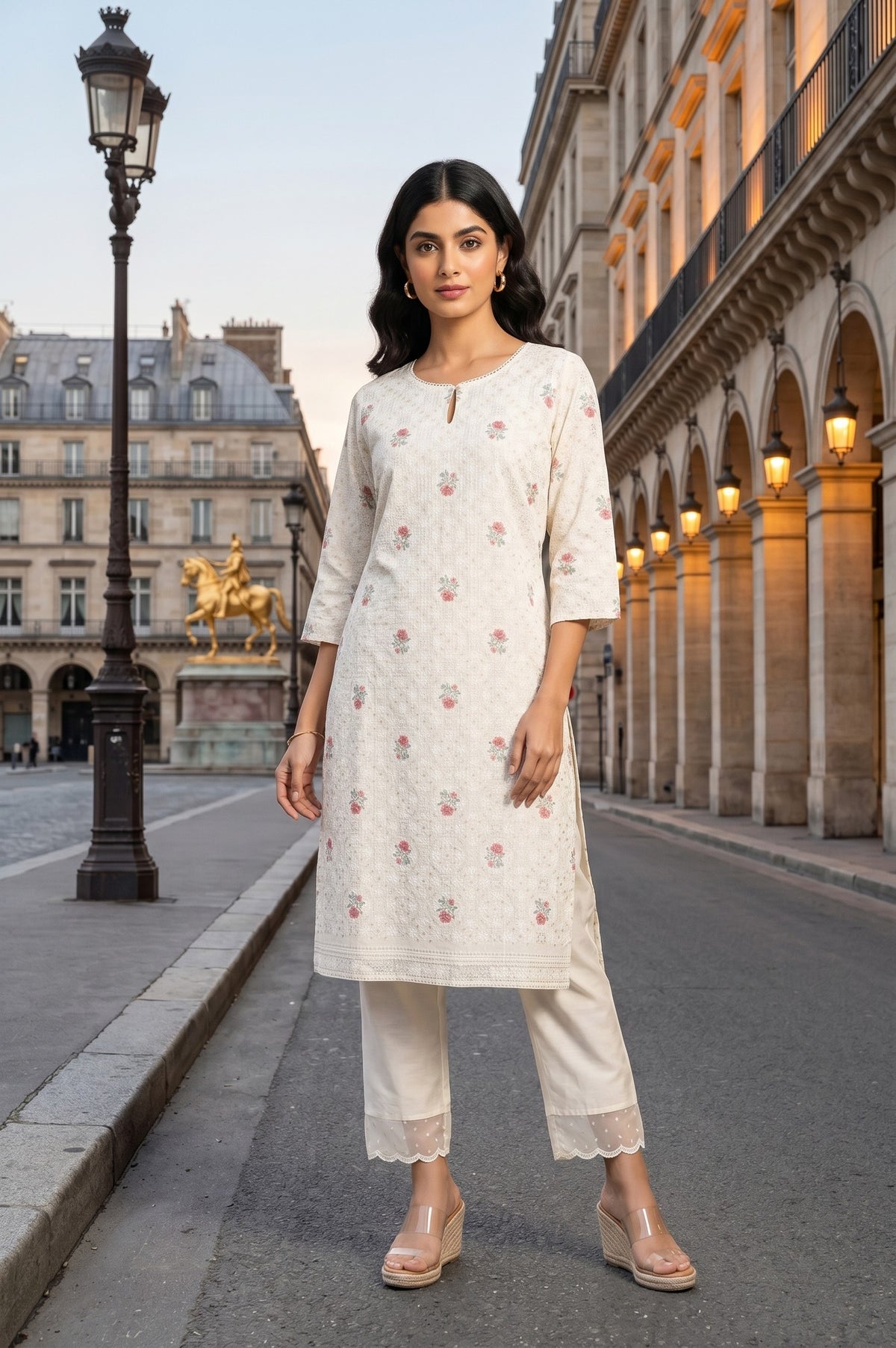 Off White Floral Printed Cotton Straight Kurta - S