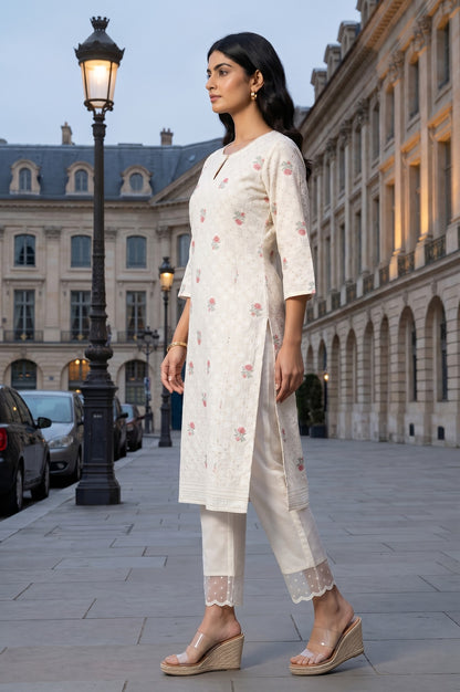 Off White Floral Printed Cotton Straight Kurta