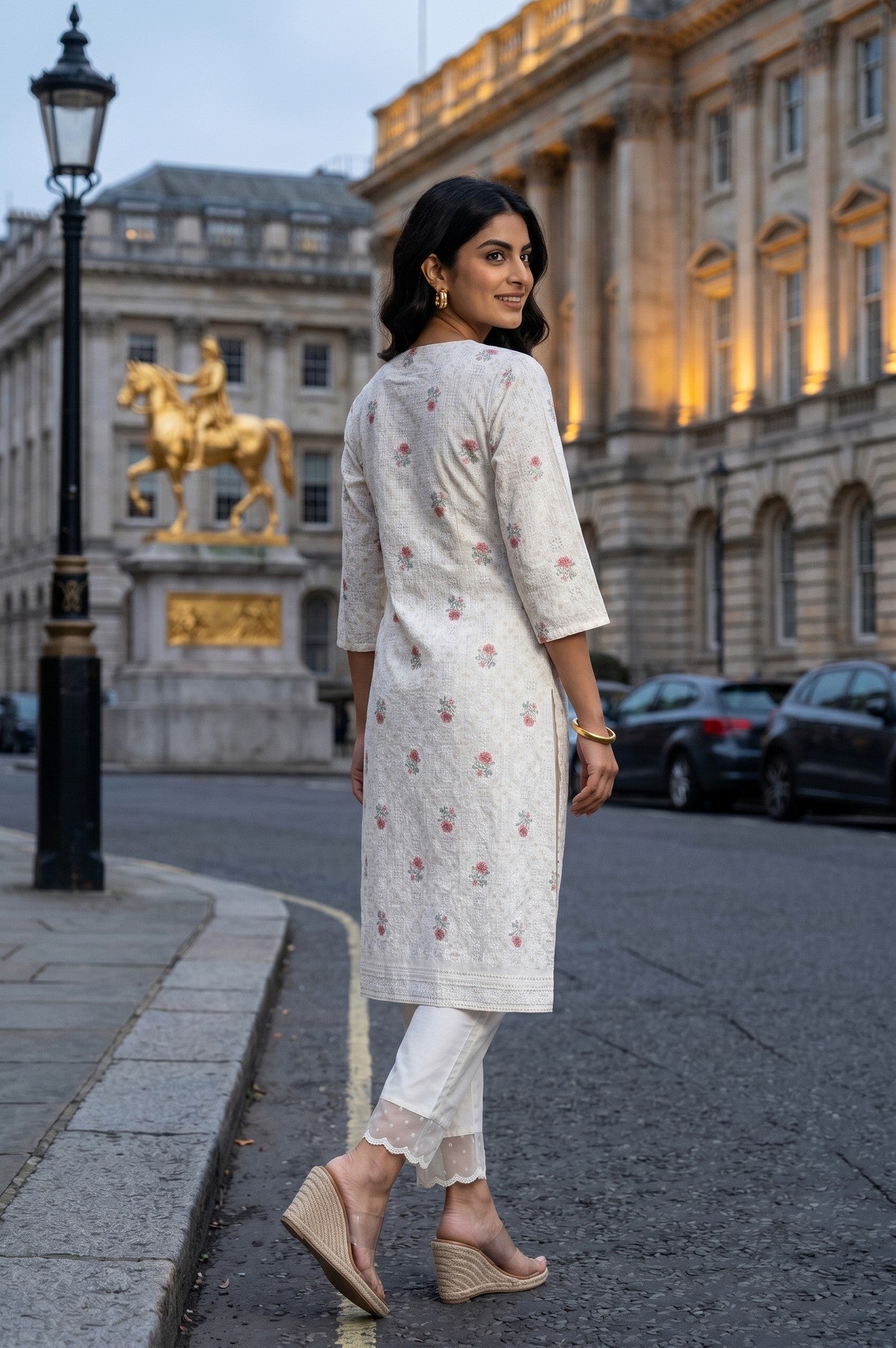 Off White Floral Printed Cotton Straight Kurta