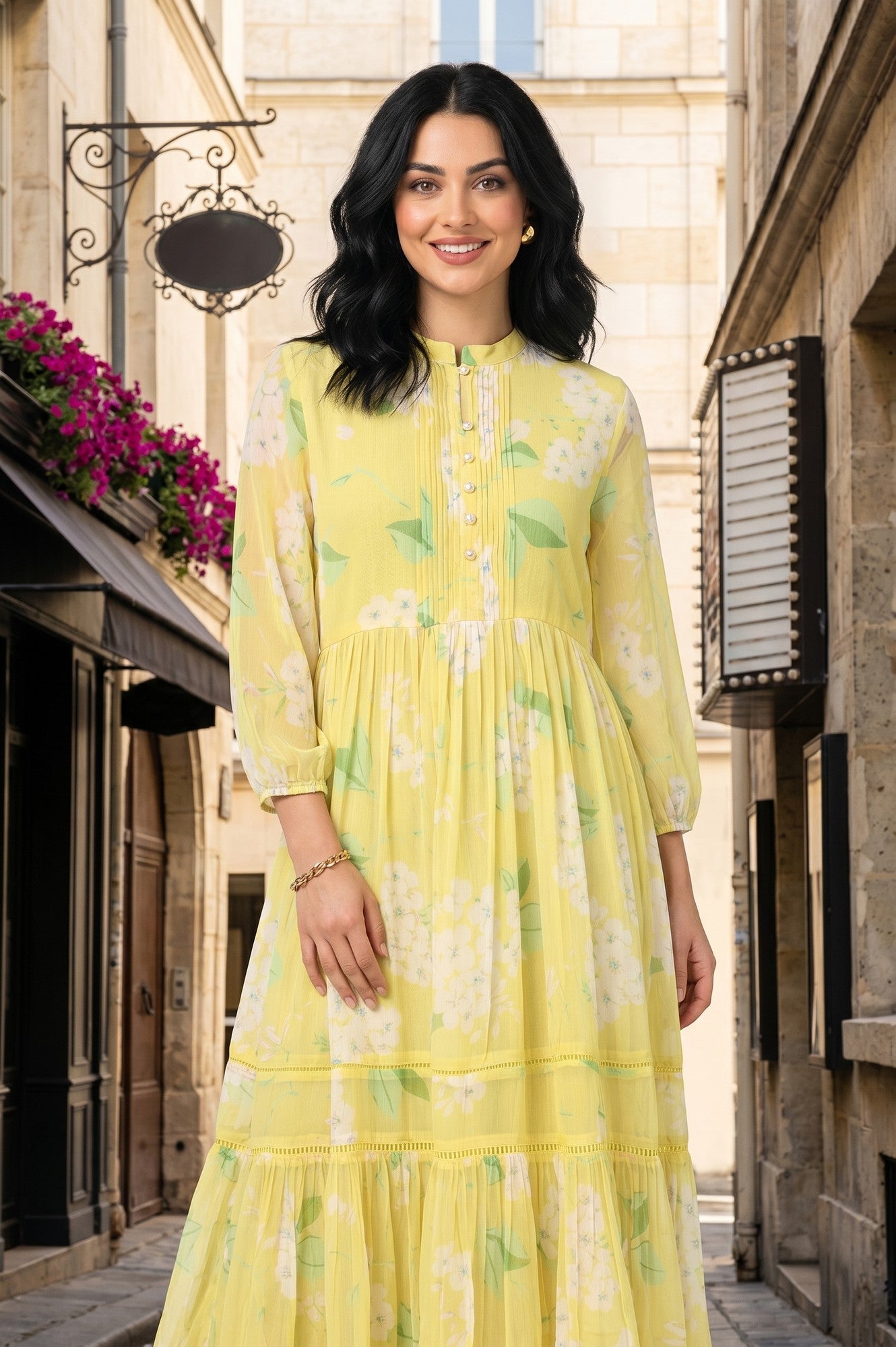 Light Yellow Floral Printed Chiffon Flared Dress