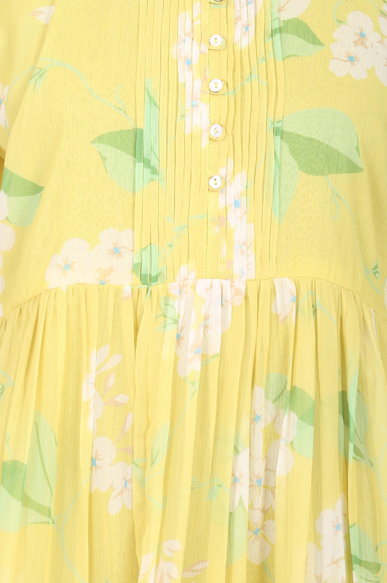 Light Yellow Floral Printed Chiffon Flared Dress