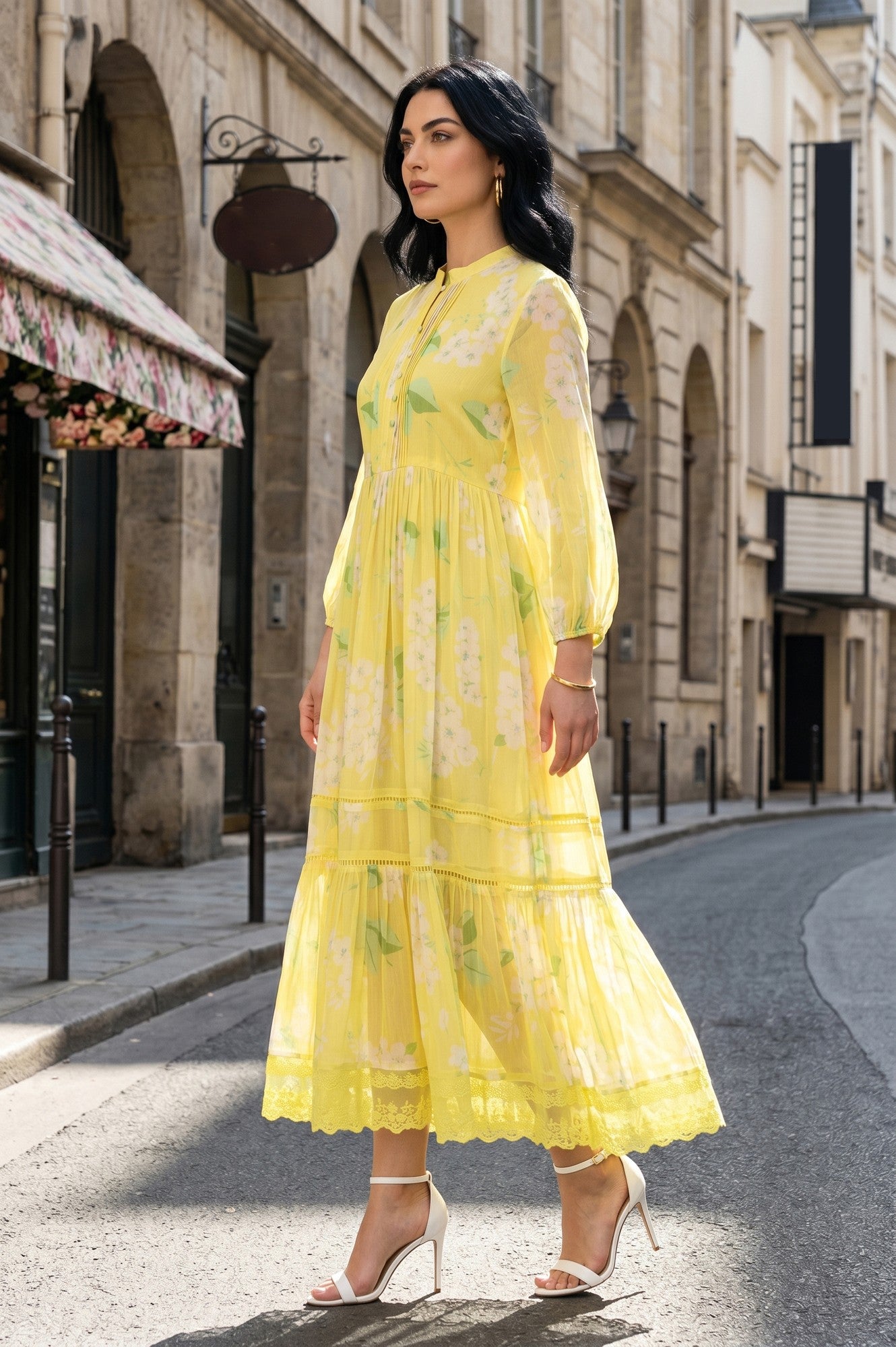 Light Yellow Floral Printed Chiffon Flared Dress