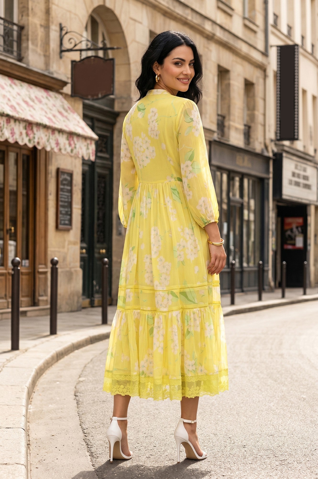 Light Yellow Floral Printed Chiffon Flared Dress