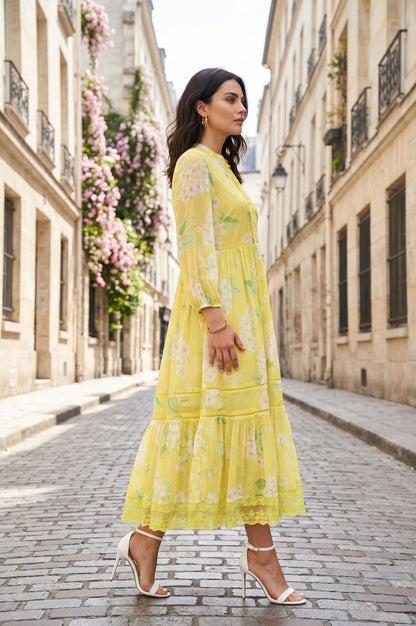 Light Yellow Floral Printed Chiffon Flared Dress