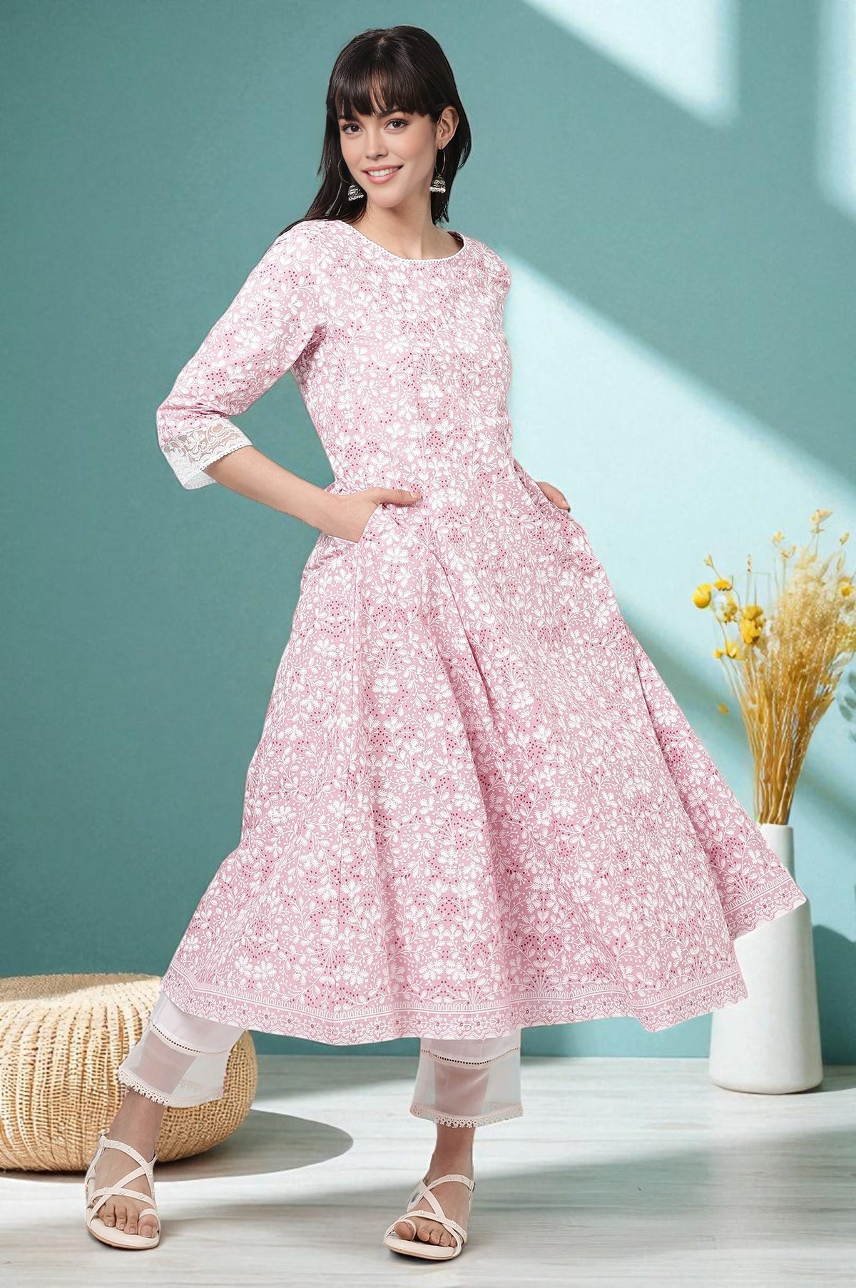 Pink Floral Printed Pure Cotton Anarkali Kurta - XS