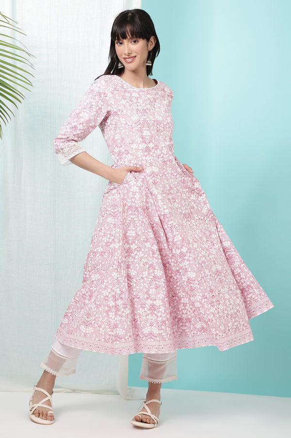 Pink Floral Printed Pure Cotton Anarkali Kurta