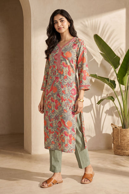Grey Floral Printed Embroidered Pure Cotton Straight Kurta