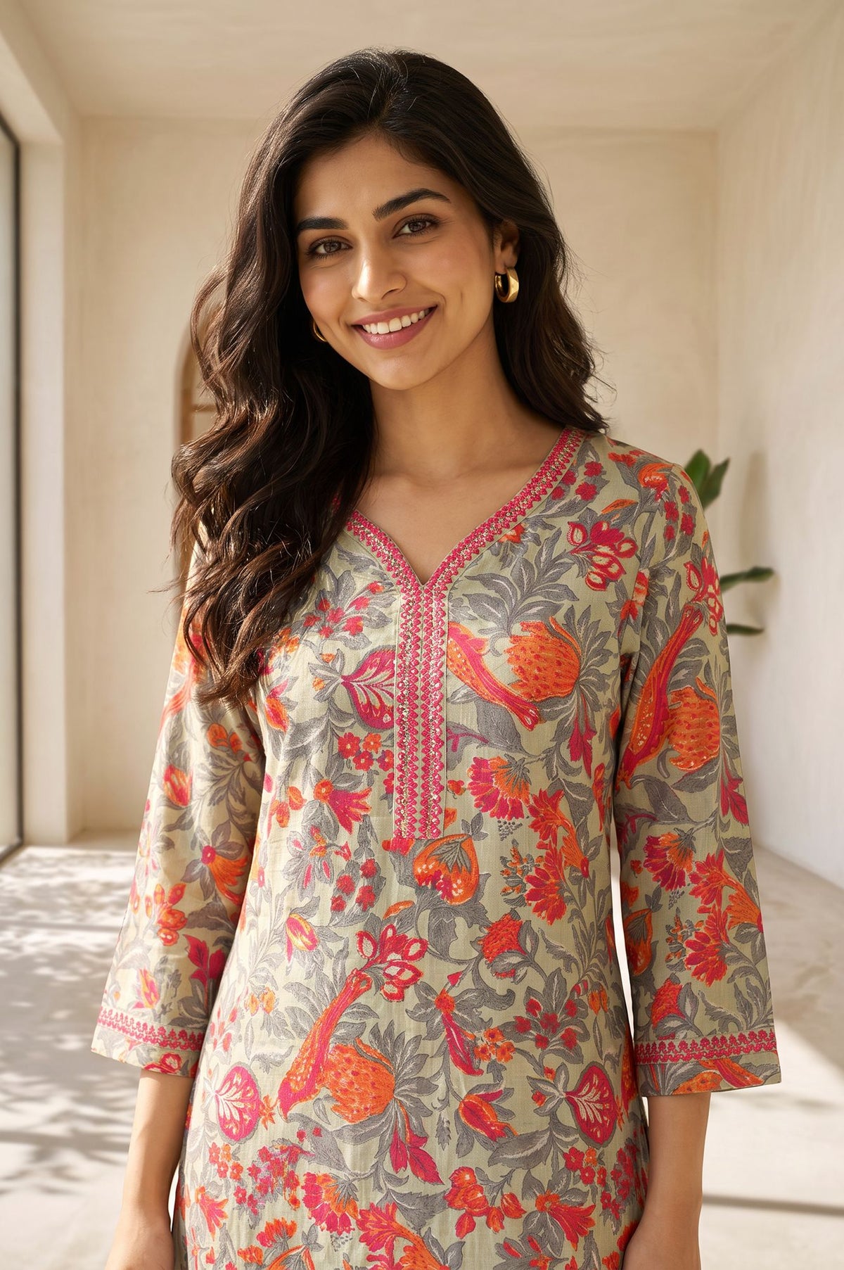 Grey Floral Printed Embroidered Pure Cotton Straight Kurta