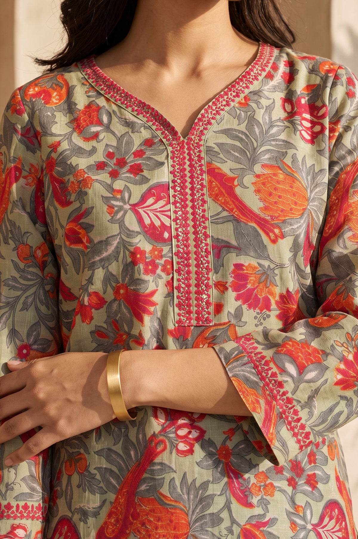 Grey Floral Printed Embroidered Pure Cotton Straight Kurta