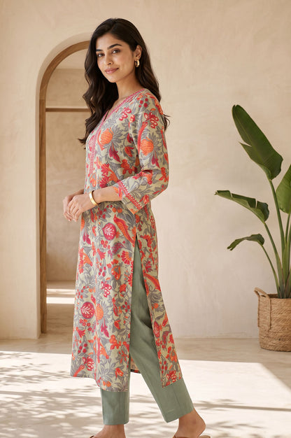 Grey Floral Printed Embroidered Pure Cotton Straight Kurta