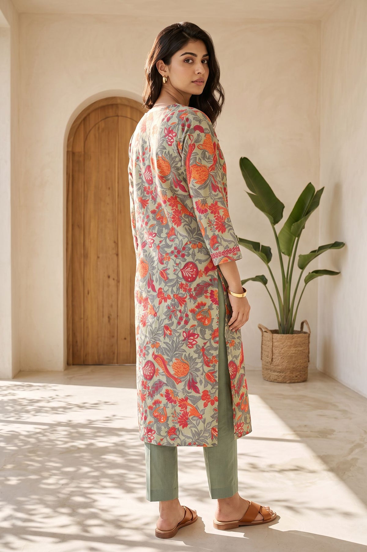 Grey Floral Printed Embroidered Pure Cotton Straight Kurta