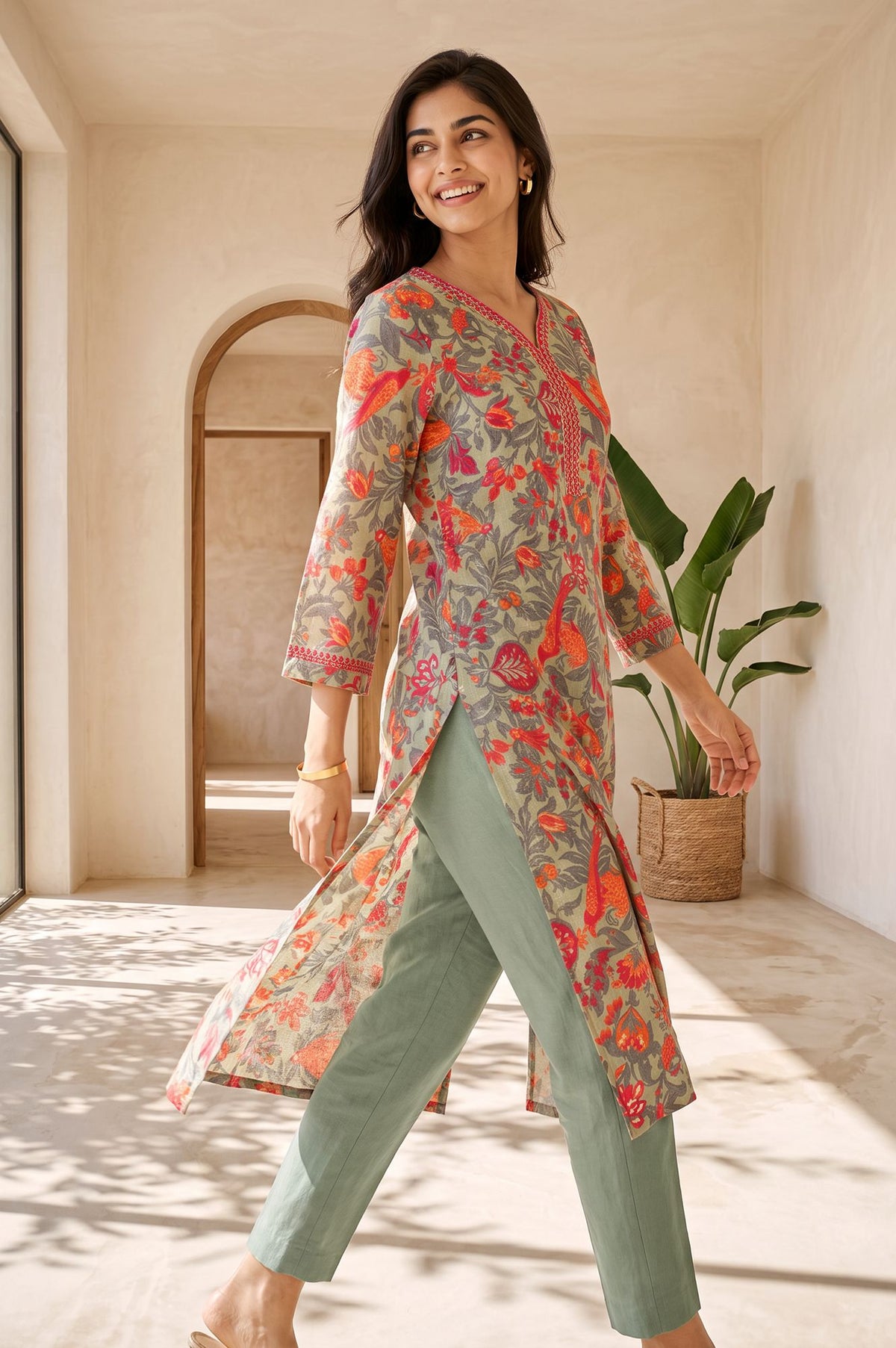 Grey Floral Printed Embroidered Pure Cotton Straight Kurta
