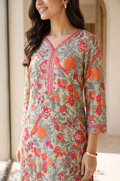 Grey Floral Printed Embroidered Pure Cotton Straight Kurta