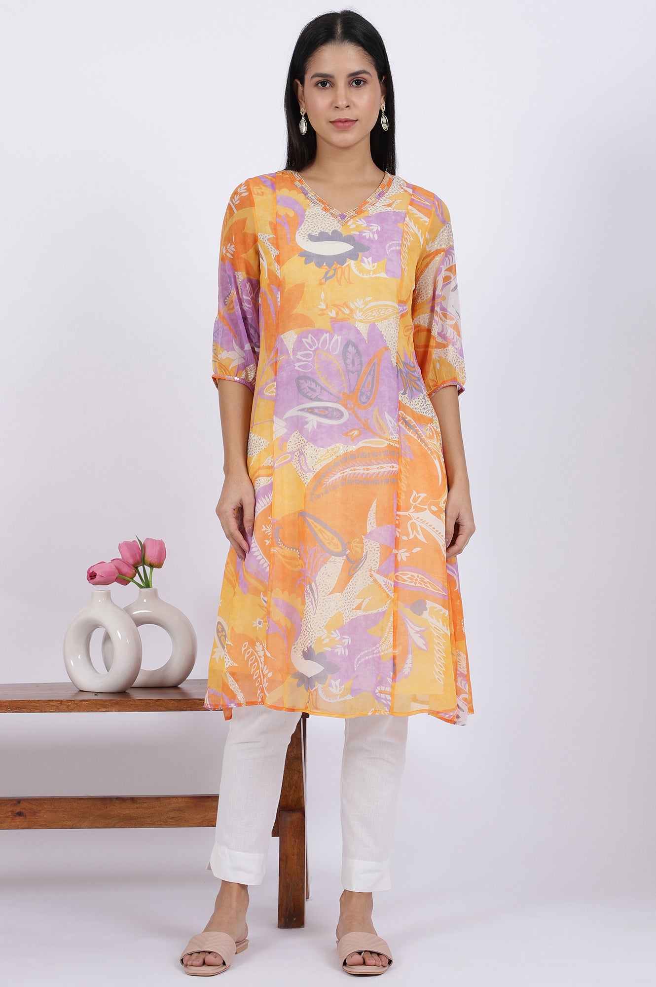 Orange Printed A-Line Chiffon Kurta