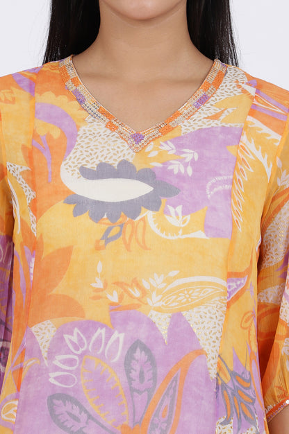 Orange Printed A-Line Chiffon Kurta