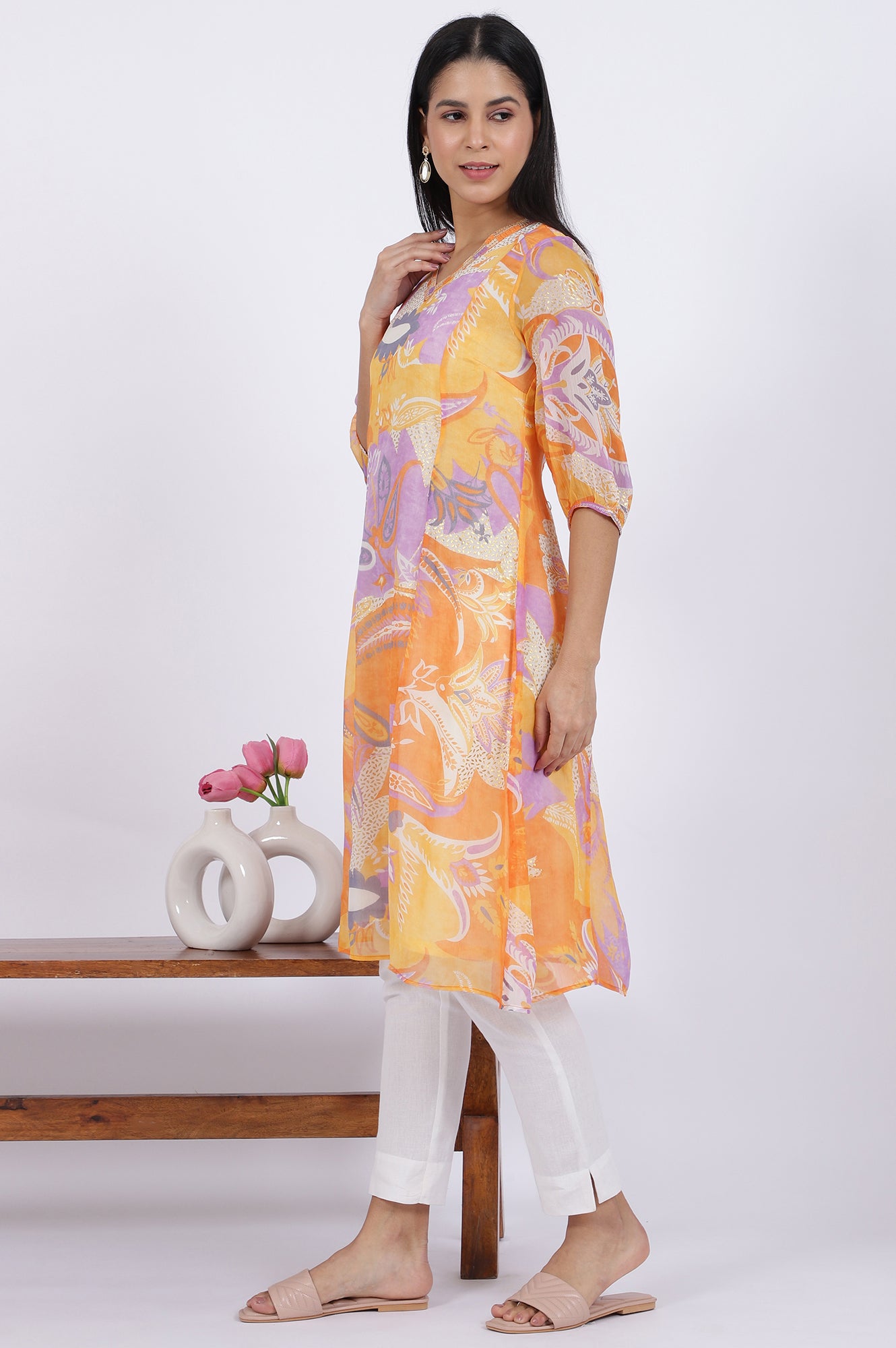 Orange Printed A-Line Chiffon Kurta