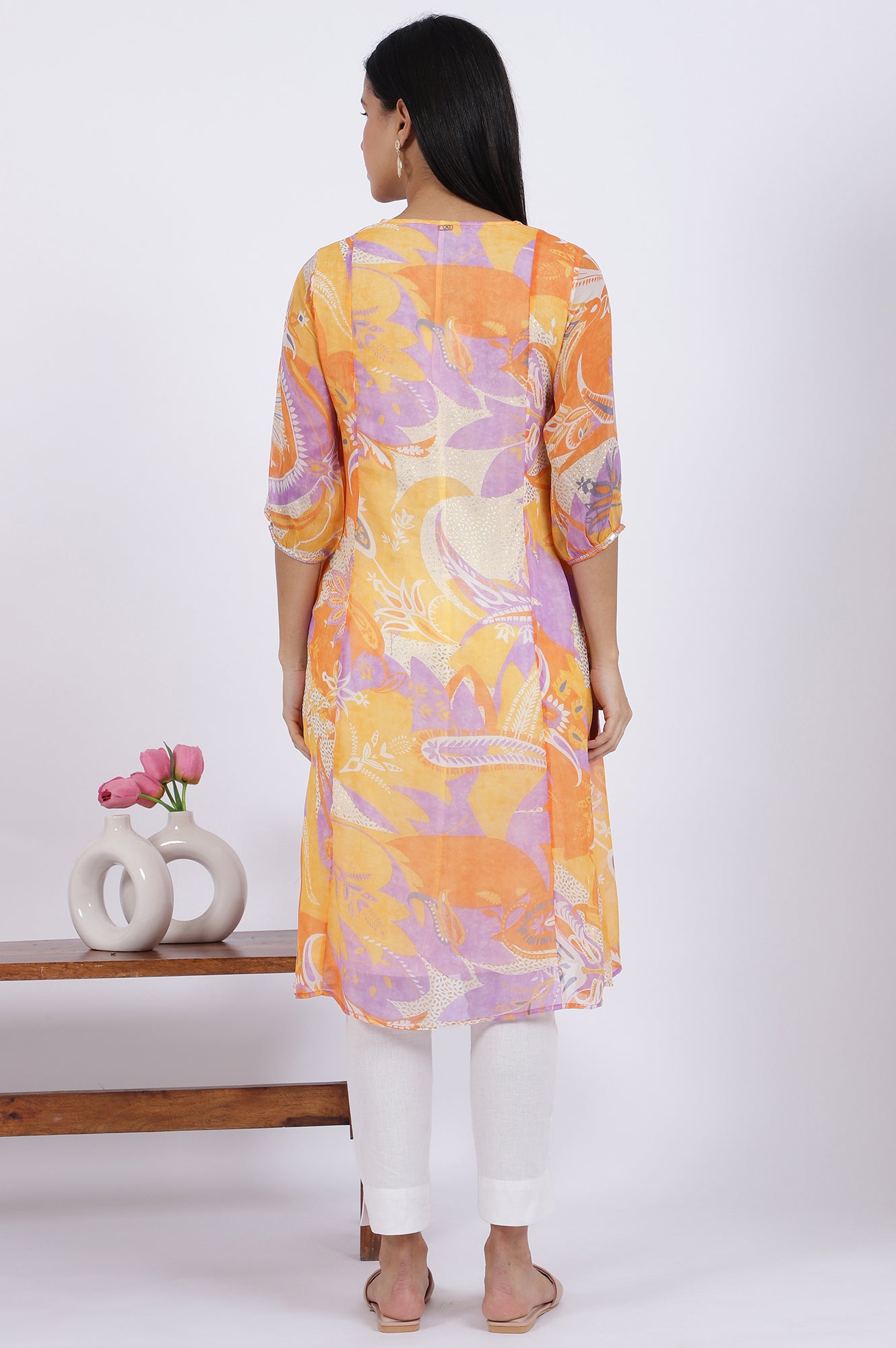 Orange Printed A-Line Chiffon Kurta